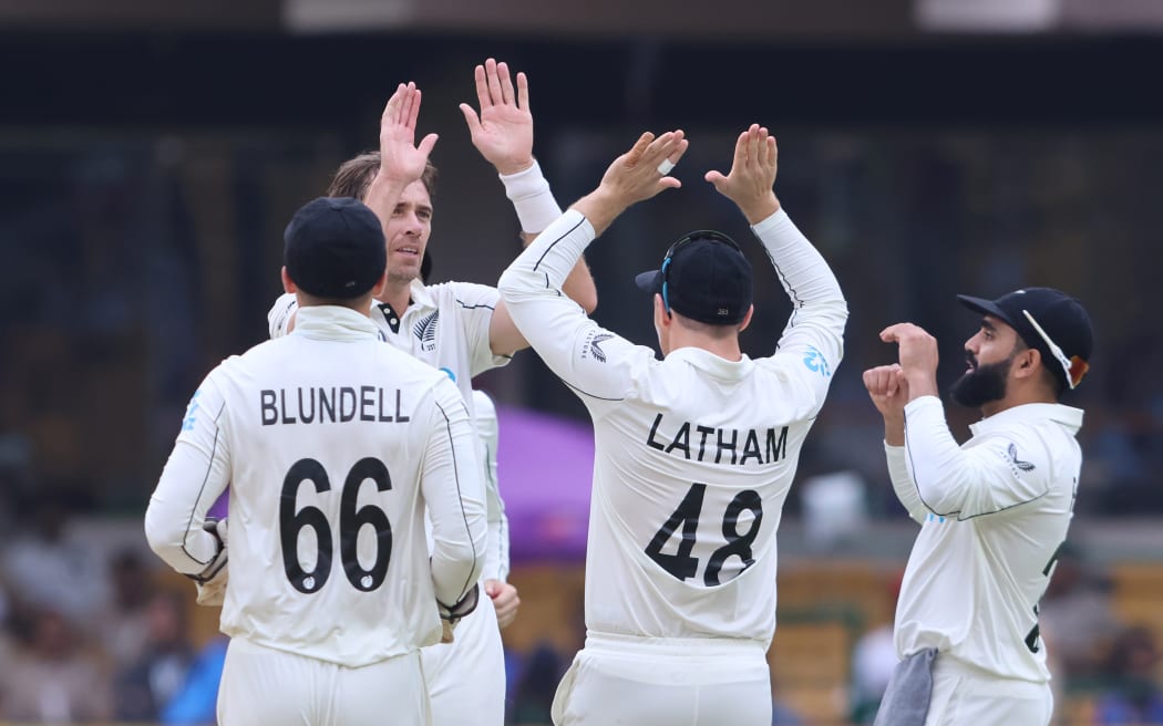 New Zealand players celebrates the wicket of Rohit Sharma in the first test match against India at Bengaluru, India, October 17, 2024. 

Photo by Vipin Pawar/ Sportzpics for BCCI