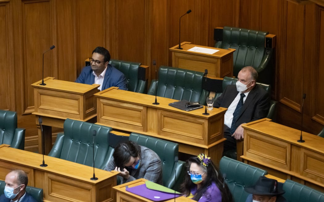 Gaurav Sharma and Trevor Mallard in the back seats of Parliament's debating chamber