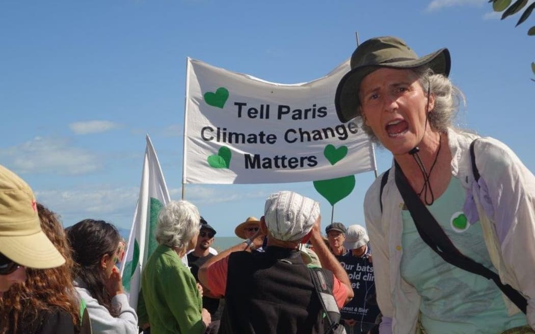 Debs Martin of Forest and Bird leads the crowd into today's climate change protest march in Nelson.