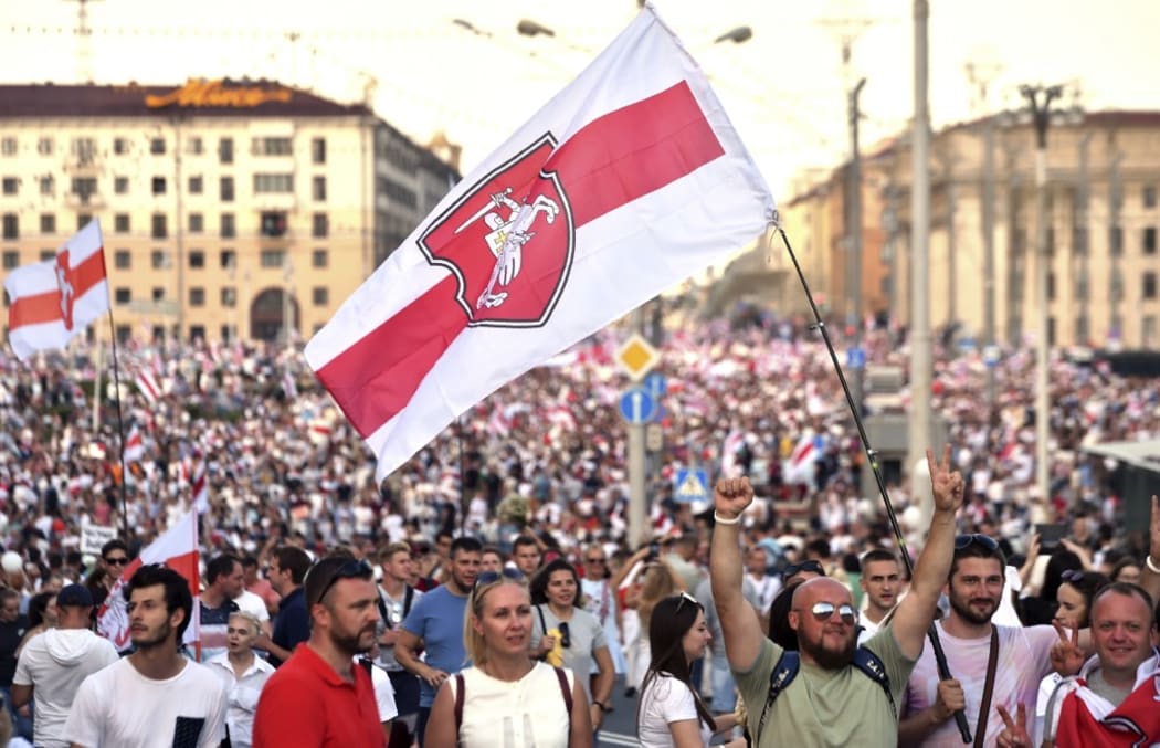 Belarus opposition supporters attend a demonstration in central Minsk on August 16, 2020.