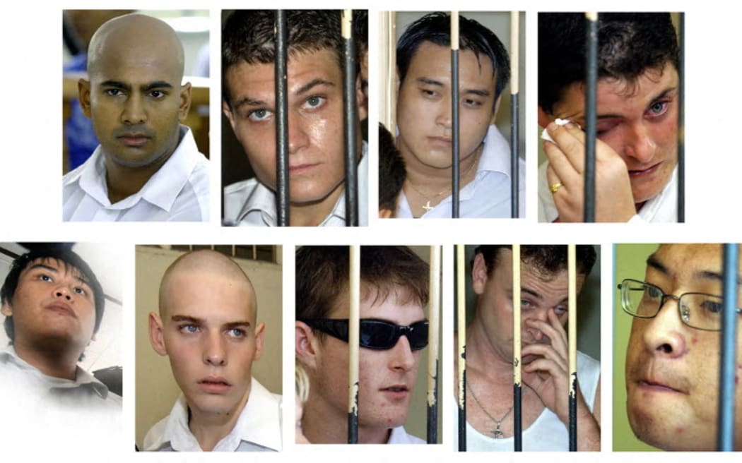 A collage of pictures from 2006 showing the Australian 'Bali Nine' (from top, L to R): Myuran Sukumaran, Scott Rush, Tach Duc Thanh Nguyen, Renae Lawrence. (Lower row, L to R): Si Yi Chen, Matthew Norman, Michael Czugaj, Martin Stephen and Andrew Chan, on Bali island during their trials.