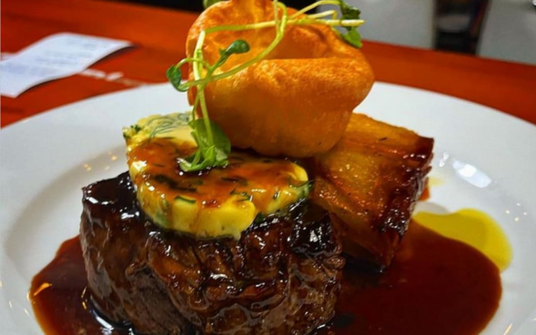 Bistro Steak.  Eye fillet, Anna potato, Garlic herb butter, yorky pudd , beef reduction.