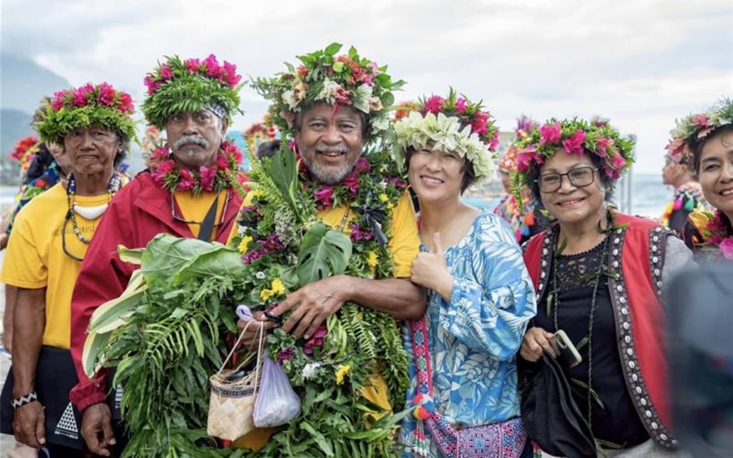 The voyagers celebrating arrival in Palau. Photos: Supplied
