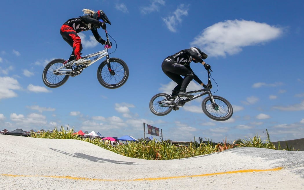 Sarah Walker leads Rebecca Petch, Oceania BMX Champs, Te Awamutu, New Zealand.