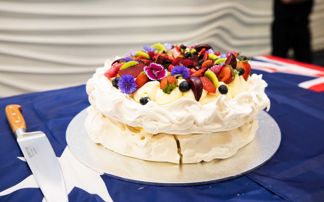 A pavlova at Auckland Airport as  passengers prepare to disembark from the first flight from Sydney to Auckland under the trans-Tasman bubble arrangement.