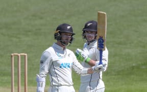 Devon Conway with Tom Latham in Black Caps intra-squad game in Southampton, 2021.