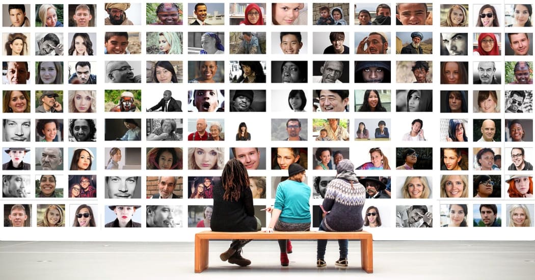 How do we re-shape our thinking around diversity. People watching many images of faces.