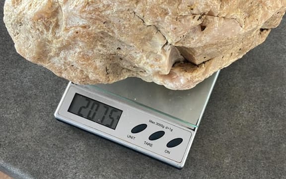 The lump of kauri resin found by 9 year old Callan and seven year old Eva McMillan while wandering the shore in Coromandel.