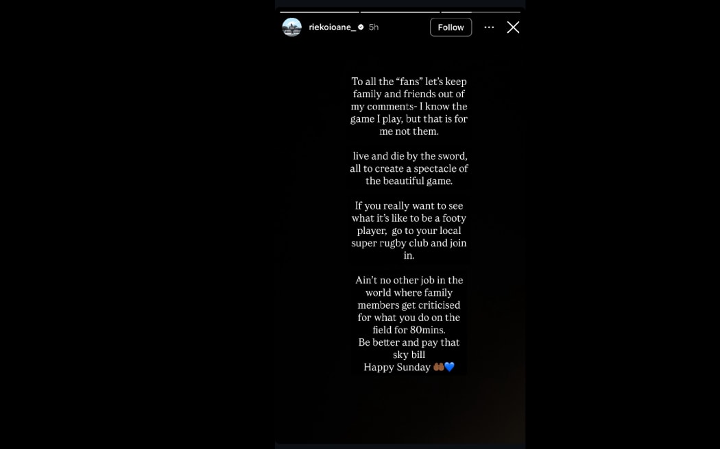 Rieko Ioane's post match Instagram story.