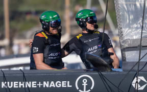 Tom Slingsby, CEO and driver of Australia SailGP Team, and Kyle Langford, wing trimmer of Australia SailGP Team, celebrate as they win the KPMG Australia Sail Grand Prix in Sydney, Australia. Saturday 25th February 2024. Photo: Felix Diemer for SailGP. Handout image supplied by SailGP