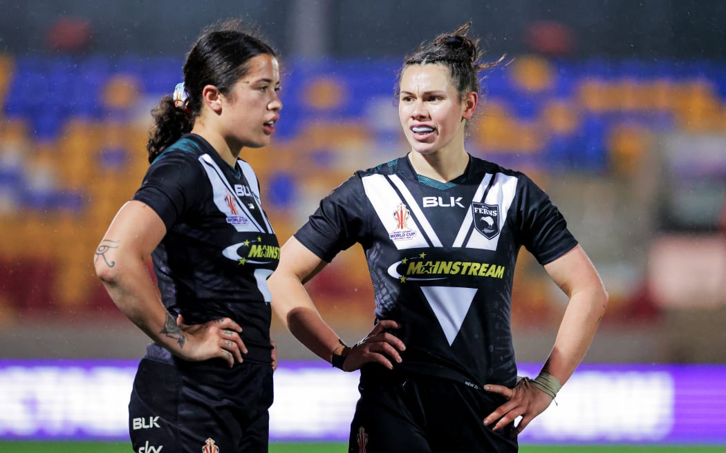 New Zealand’s Shanice Parker and Katelyn Vaha'akolo - New Zealand Kiwi Ferns v France Women, Round 1 of the Women’s Rugby League World Cup England 2021