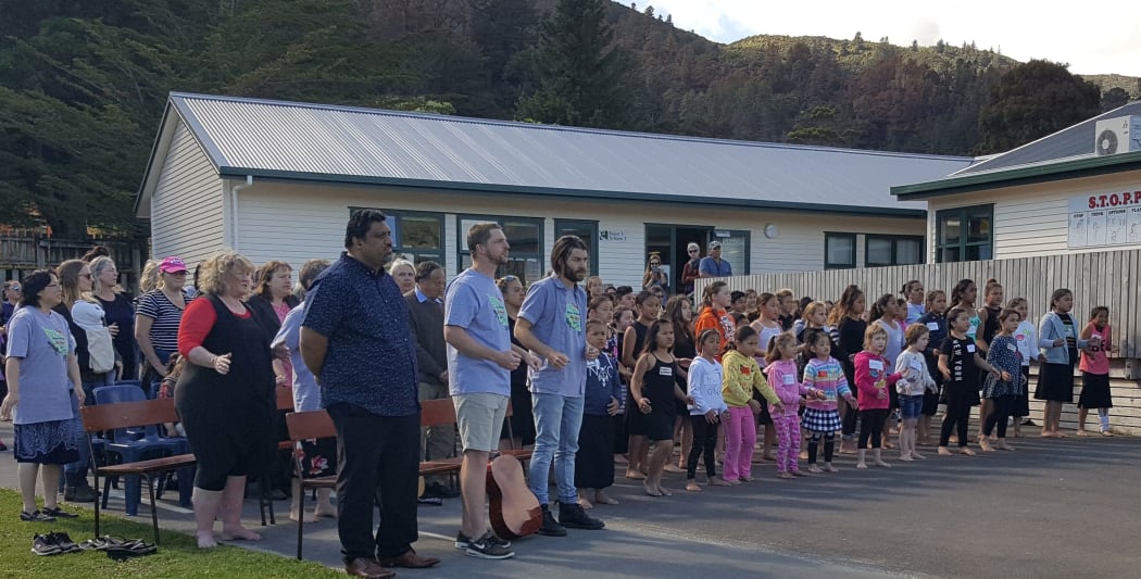 Koraunui School students and staff welcome other schools to  the Stokes Valley bioblitz.