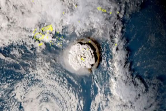This screen grab taken from footage taken by Japan's Himawari-8 satellite and released by the National Institute of Information and Communications Technology (Japan) on January 15, 2022 shows the volcanic eruption that provoked a tsunami in Tonga. The eruption was so intense it was heard as "loud thunder sounds" in Fiji more than 800 kilometres (500 miles) away.