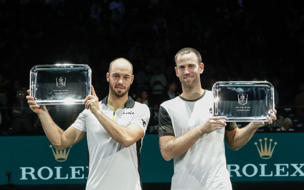 Tim Puetz (GER) and Michael VENUS (NZL) with trophies after winning the ATP 1000 Men's Doubles Final at the  2021 Rolex Paris Masters in Paris.