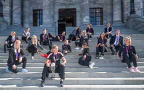 The Silver Ferns with the Netball World Cup during a Netball World Cup celebration at Parliament in Wellington on Monday the 26th of August 2019. Copyright Photo by Marty Melville / www.Photosport.nz