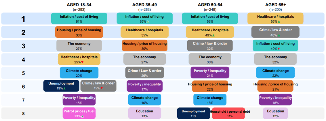 A chart showing the top eight concerns as ranked by different age groups in the survey.