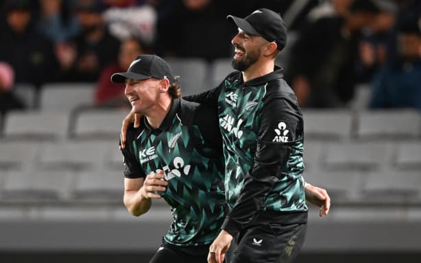 New Zealand’s Nathan Smith and Daryl Mitchell combine to dismiss India’s Naman Dhir.
New Zealand Blackcaps versus India. Game 4 of the Twenty20 cricket series. India tour of New Zealand. Eden Park, Auckland. Friday 30 October 2026. © Photo: Andrew Cornaga / Photosport