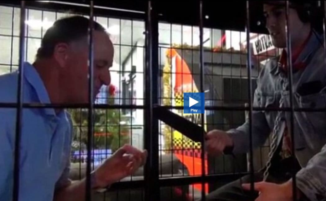 John Key was asked to enter a cage and pick up a bar of soap on The Rock radio station – a reference to rape in prisons.