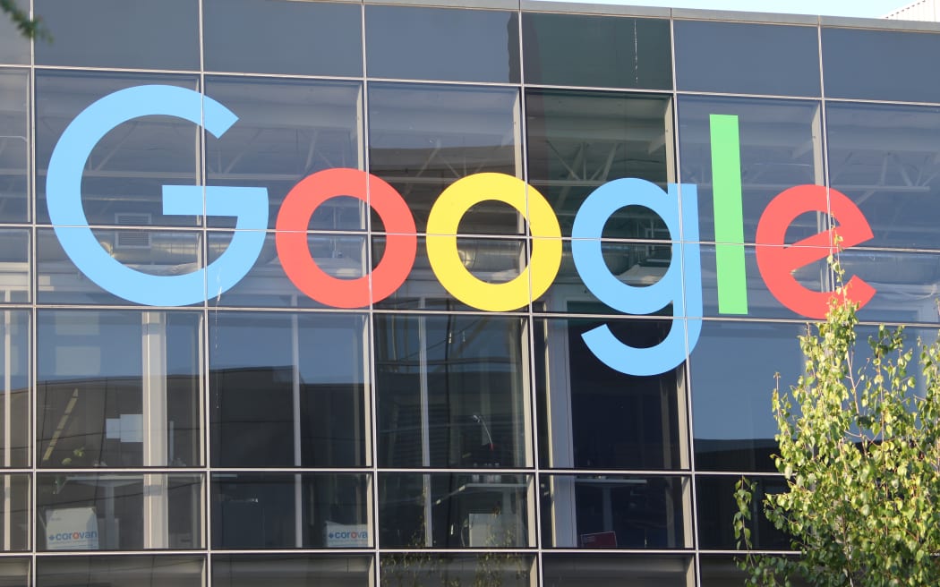 The logo of Google on the facade of headquarter of the parent company Alphabet.
