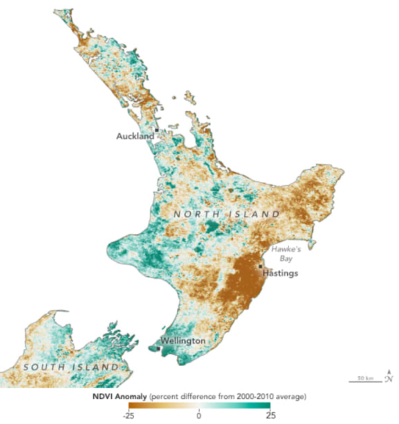 This Normalised Difference Vegetation Index (NDVI) image has brown areas, which show where plants are more stressed than normal, and greens indicate vegetation that is healthier than normal.
