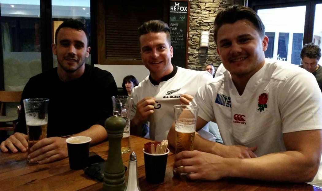 England fans Clint Martin, Dion kidd and James Arnold at the Fox in Auckland this morning.