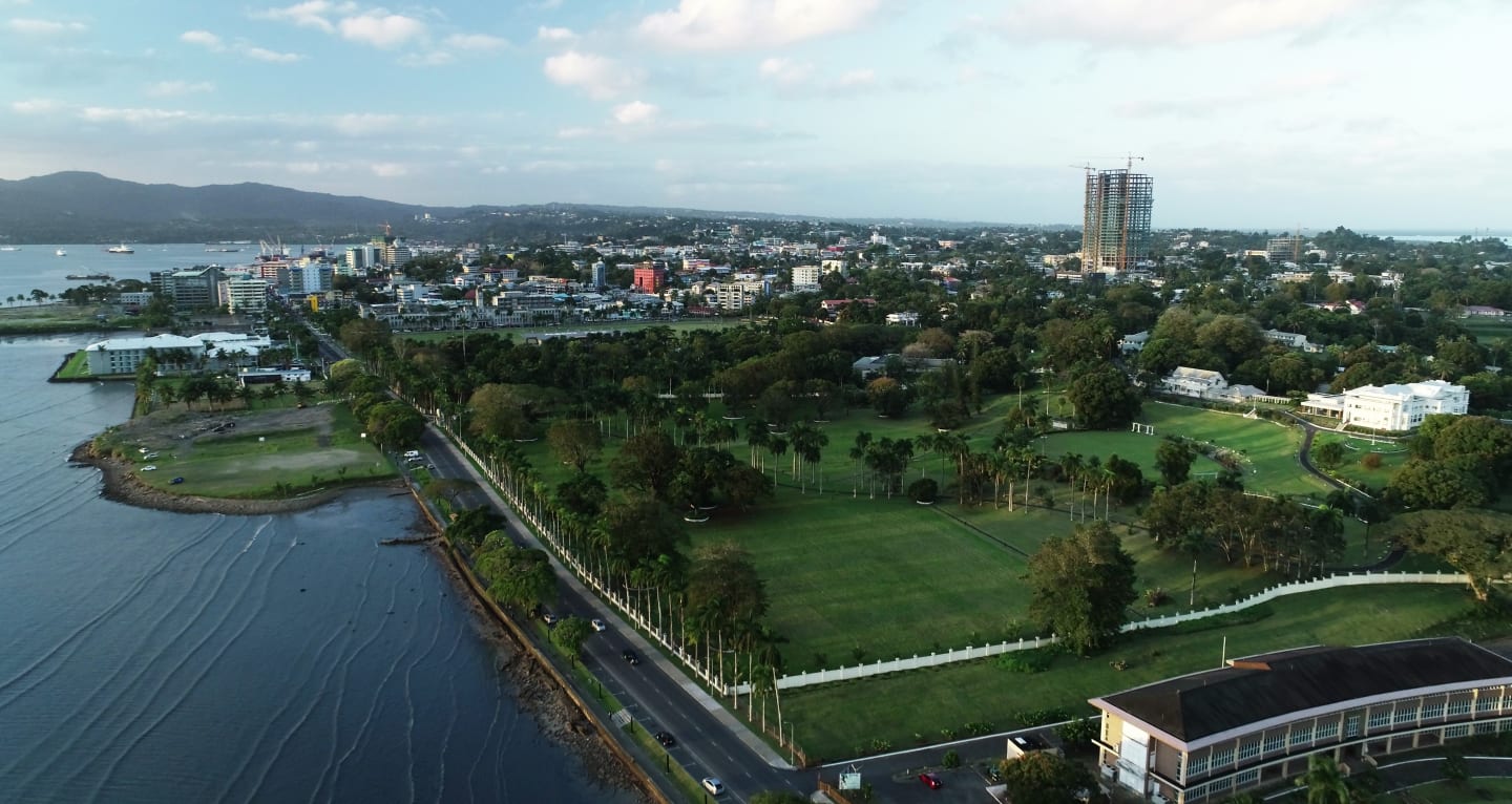 Aerial shot of Suva city and harbour today
