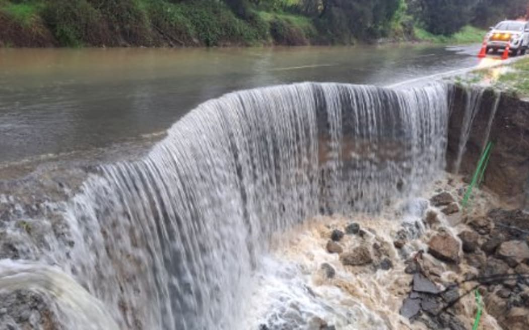 Heavy rain caused a slip on State Highway 35 north of Tologa Bay on 24 June, 2023.