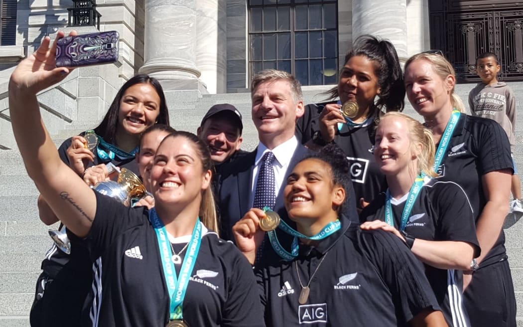 National Party leader Bill English with the Black Ferns at Parliament.National Party leader Bill English with the Black Ferns at Parliament.