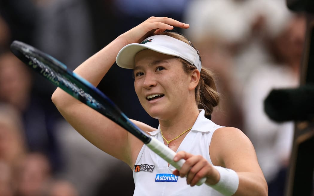 Lulu Sun of New Zealand reacts after winning the ladies’ singles 4th round match against Emma Raducanu of United Kingdom on the day 7 of the Wimbledon tennis championships at All England Lawn Tennis and Croquet Club in London, United Kingdom on July 7, 2024. Lulu Sun won the match to advance to quarterfinals.( The Yomiuri Shimbun ) (Photo by Takuya Matsumoto / Yomiuri / The Yomiuri Shimbun via AFP)