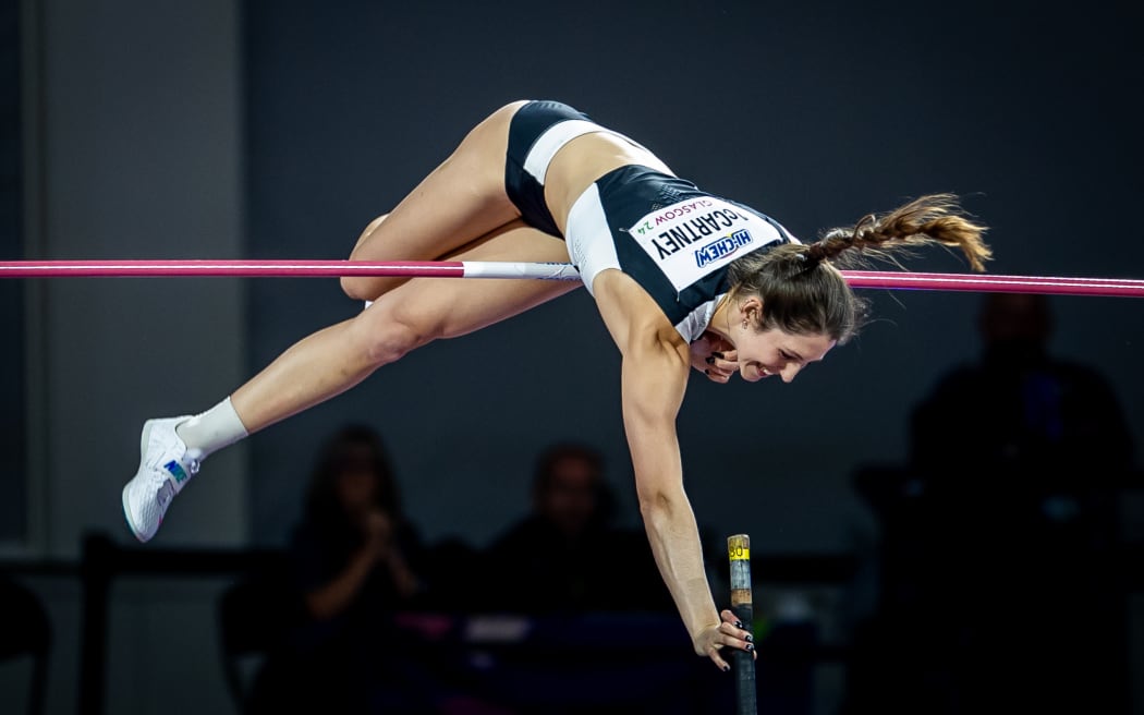 New Zealand's Eliza McCartney competing at the 2024 World Athletics Indoor Championships, Glasgow.