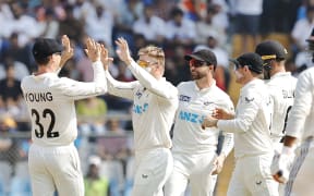 Glenn Phillips of New Zealand celebrating the wicket of Yashasvi Jaiswal of India during day 3 of the 3rd Test Match between India and New Zealand held at the Wankhede Stadium, Mumbai.
