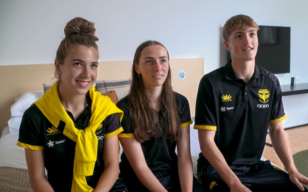 Claudia Cicco, Milly Clegg and Finn Surman check out the new accomodation at NZ Campus of Innovation and Sport
