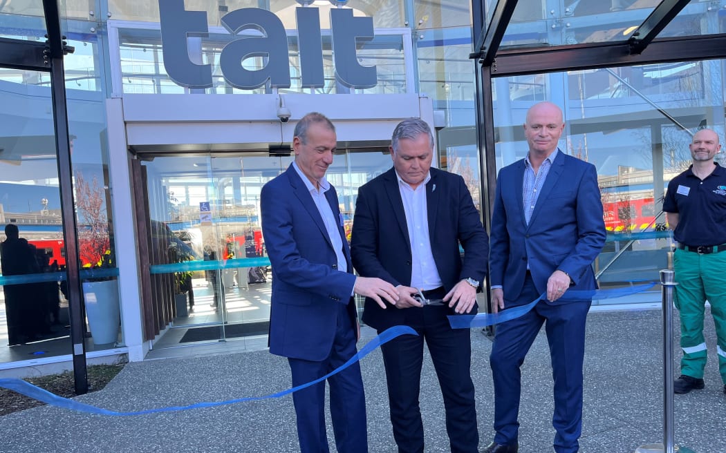 Emergency Management Minister Mark Mitchell cuts the ribbon alongside Tait Communications' chief executive Dr Yoram Benit (left) and Next Generation Critical Communications lead entity director Steve Ferguson at the launch of the Land Mobile Radio Network in Christchurch on Wednesday