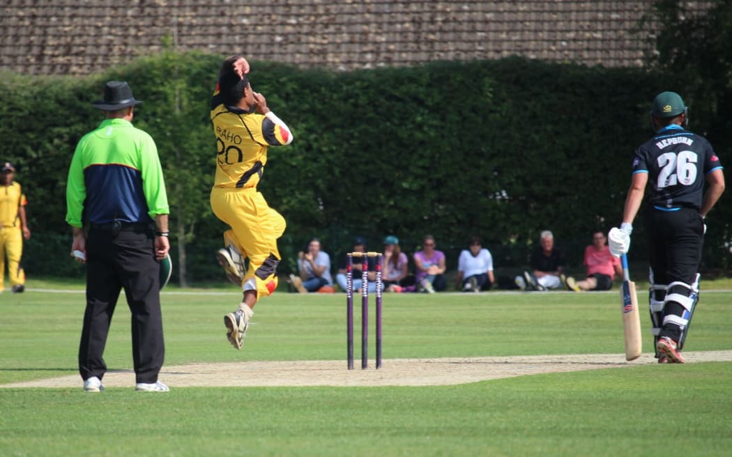 Papua New Guinea bowler Pipi Raho fires down a delivery during a Twenty20 cricket match against Worcestershire.