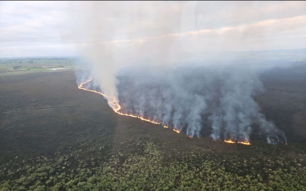 Fire at Island Block Road, near Meremere in the Whangamarino Wetland. Supplied by FENZ.
