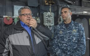 Acting Civil Defence Minister Gerry Brownlee thanks the crew of United States warship the USS Sampson, for their help in the earthquake response.