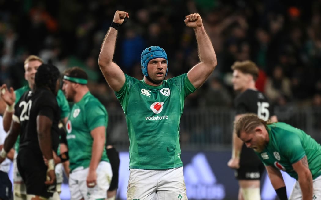 Tadhg Beirne of Ireland celebrates Ireland beating All Blacks, Dunedin 2022.