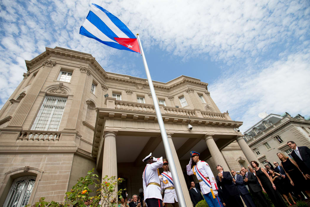 Cuba's flag is hoisted at the country's embassy in Washington DC.