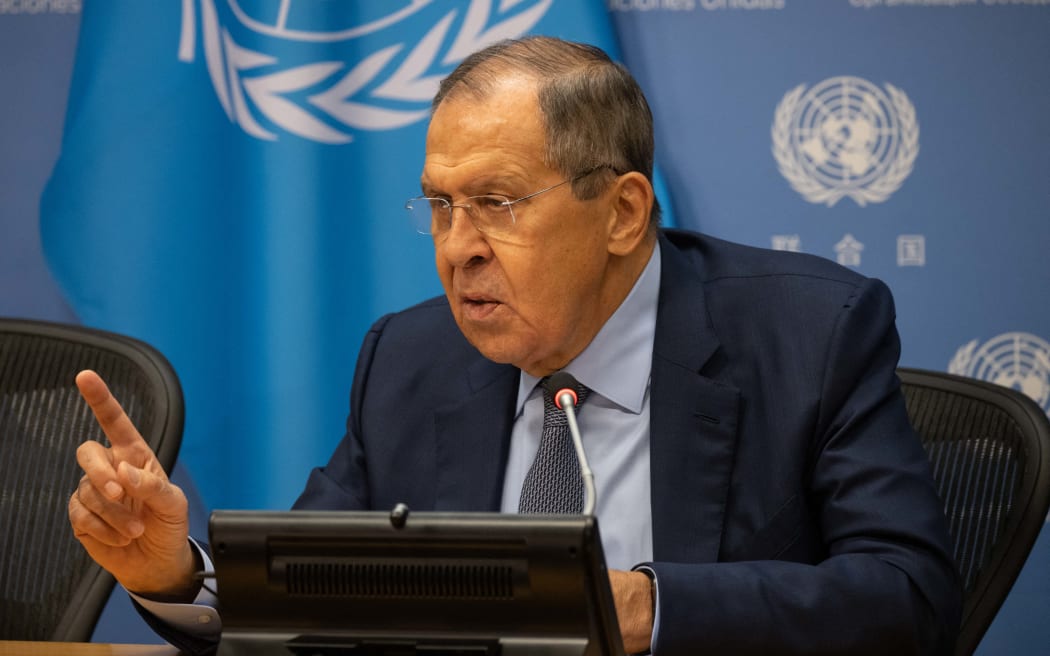 Russian Foreign Minister Sergei Lavrov speaks to the press after addressing the 77th session of the United Nations General Assembly at UN headquarters in New York City on September 24, 2022. - Lavrov bitterly criticized Western nations Saturday for their "grotesque" fear of Russia, telling the United Nations that such states were seeking to "destroy" his country.