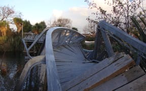 The twisted Medway bridge over the Avon River in Christchurch, following earthquake damage in 2011.