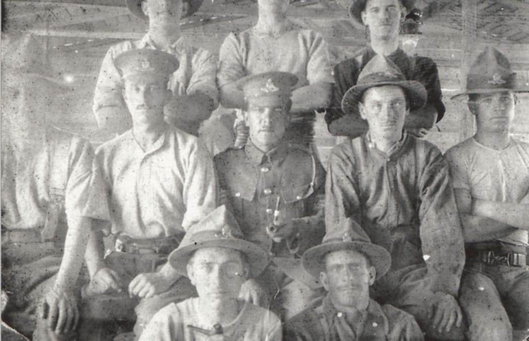 ‘Our gun detachment taken in the back room’ - 7th March 1915 D Sub-section, 3rd Battery, NZFA. Zeitoun Camp, Egypt. (Sergeant Allan is back row on right)
