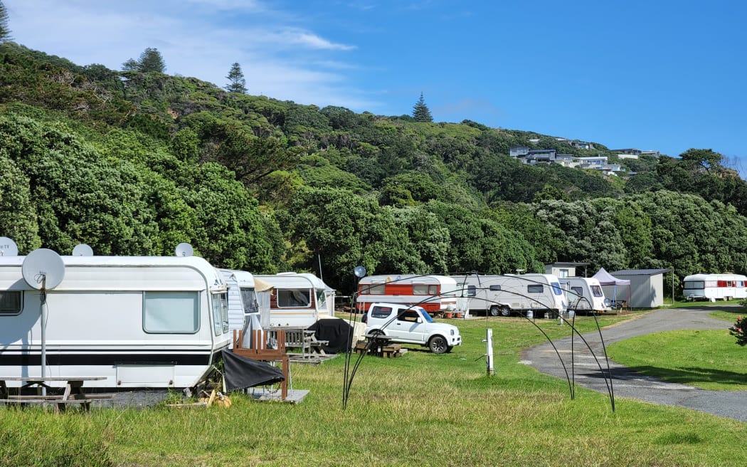 Dozens of caravans with tent extensions are parked at the Muriwai beach campground, where displaced families have found refuge.