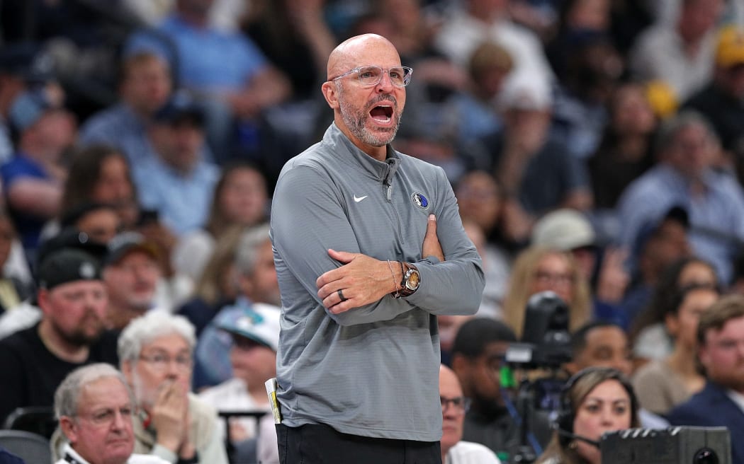 MEMPHIS, TENNESSEE - APRIL 18: Head Coach Jason Kidd of the Dallas Mavericks reacts against the Memphis Grizzlies during the second half of the Play-In Tournament at FedExForum on April 18, 2025 in Memphis, Tennessee. NOTE TO USER: User expressly acknowledges and agrees that, by downloading and or using this photograph, User is consenting to the terms and conditions of the Getty Images License Agreement.   Justin Ford/Getty Images/AFP (Photo by Justin Ford / GETTY IMAGES NORTH AMERICA / Getty Images via AFP)
