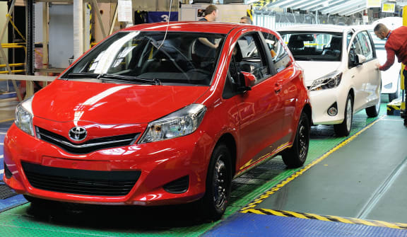 Toyota Yaris cars on the assembly line.