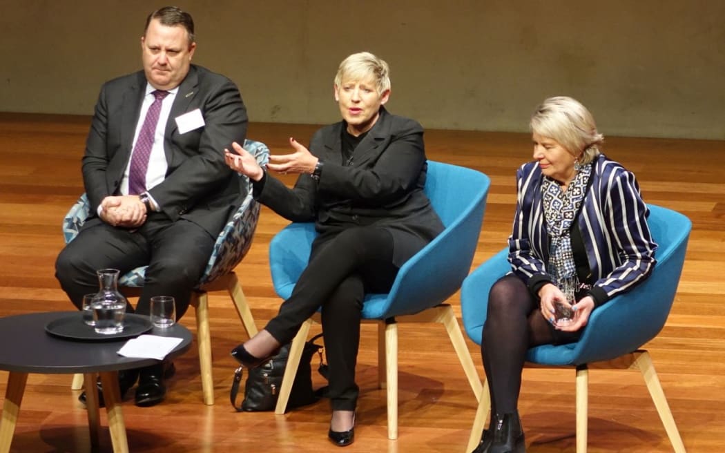 Panel members, from left, Christchurch airport chief executive Malcolm Johns, Mayor Lianne Dalziel and Christchurch rebuild minister Nicky Wagner.