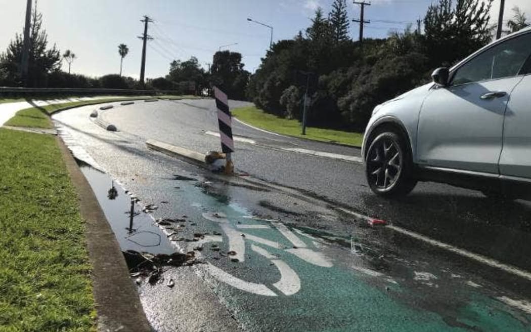 Concrete separators, nicknamed "Tim Tams", installed on a cycleway along Auckland's Upper Harbour Drive near Greenhithe.