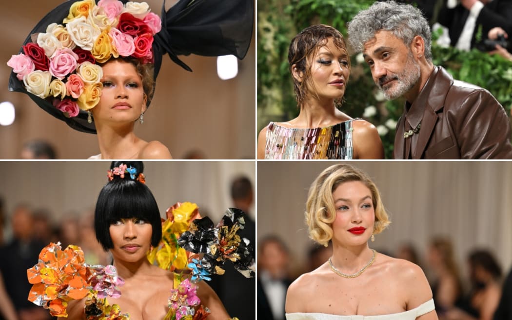 Composition image of various Met Gala 2024 attendees, from top left, clockwise, Zendaya, Rita Ora and Taika Waititi, Gigi Hadid and Nicki Minaj,
