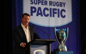 Jack Mesley during the 2025 Super Rugby Season Launch at Little Bay Beach in Sydney.