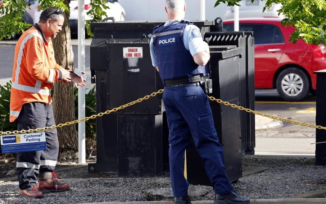 Police and Marlborough Lines staff at the scene of a power switch explosion.