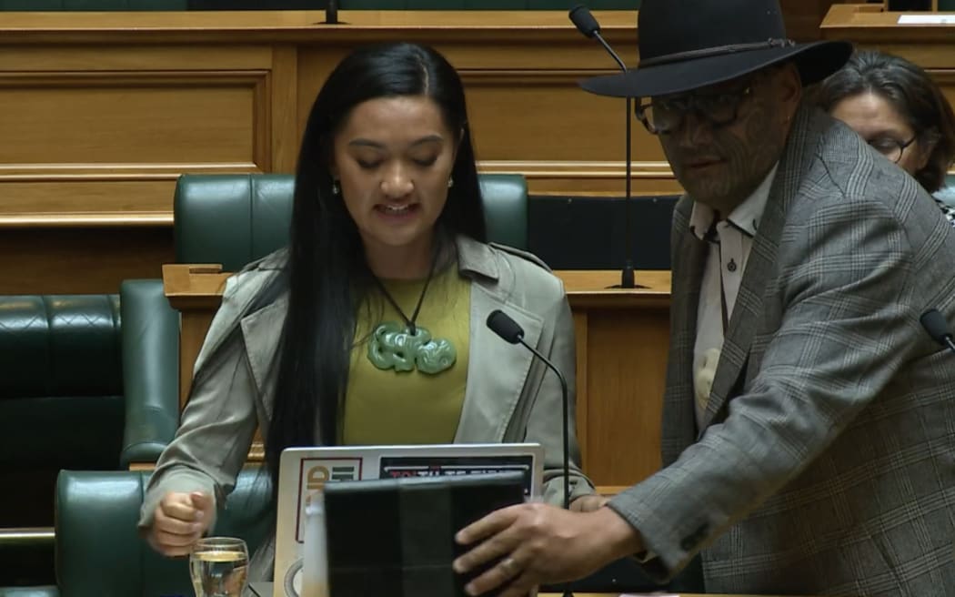 Hana-Rawhiti Maipi-Clarke addresses the House on the Local Government (Electoral Legislation and Māori Wards and Māori Constituencies) Amendment Bill on 24 July, 2024, as Te Pāti Māori co-leader Rawiri Waititi removes the object covering her laptop.